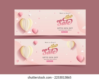 UP TO 50% Off For Love Sale Banner or Header Design With Paper Heart Balloons In Two Options. Happy Valentine's Day Concept.