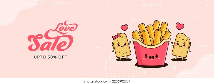 UP TO 50% Off For Love Sale Banner or Header Design With Funny Pizza Puffs or Potato Couple And French Fries Box. Happy Valentine's Day Concept.