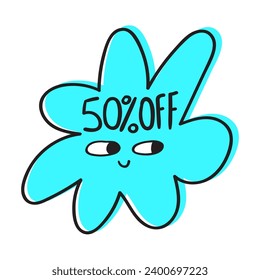 50% OFF. Magic cute character. Abstract shape. Sale. Vector flat illustration. Marketing. Promotion banner. Advertisement. White background.