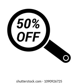 50% OFF and magnifying glass, vector illustration