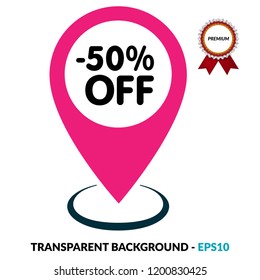-50% OFF and map pointer. designed for special offer banner or mega sale illustration.-50% OFF here 