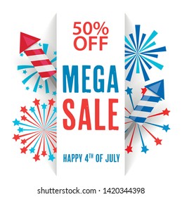 50 % off Mega Sale banner with fireworks. Happy 4th  of Jule USA Independence Day.