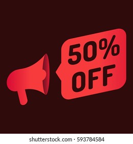 50% off. Megaphone icon. Vector illustration on dark background. Can be used business company for sale season or for black friday.