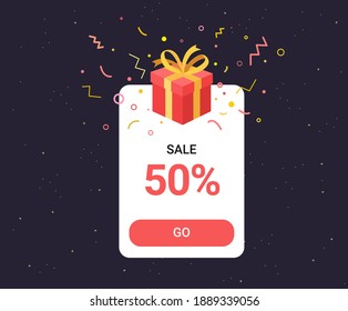 50% off mobile ads illustration set. gift, present, market, ribbon, sale. Vector drawing. Hand drawn style.