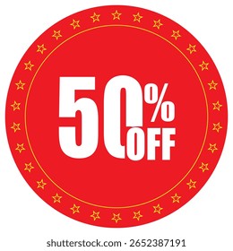 50% off new design featuring stars on a yellow circle with a red round shape, isolated on a white background.