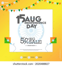 50% Off Offer Sale Poster Design For Independence Day Celebration. 15 August Celebration Concept.