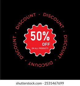 50% off on all products on the red wheel shape and around discount text on the black background.