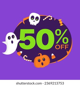 50% off on Halloween. Vector illustration of super offer in purple and orange balloon, plus halloween, ghost, skull, pumpkin and candy icons.