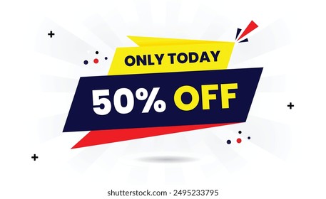 50% Off Only Today Banner Template with White Background, Dark Blue Gradient, and Red and Light Yellow Shapes Perfect for High Impact Sales Promotions and Limited Time Offers promotion, vector, design