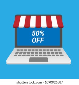 50% OFF and pc, eshop symbol, vector illustration