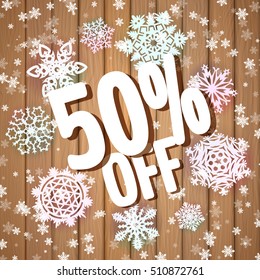 50 % off poster, banner or flyer. Winter holiday themed. Vector illustration for your graphic design.