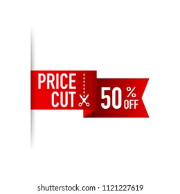 50% Off, Price Cut on red Ribbon. Vector stock illustration.