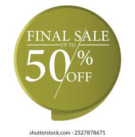 50% OFF preço Desconto Percentual de venda final esverdeado Bege forma redonda etiqueta distintivo Promoção adesivo para compras marketing publicidade desobstrução venda vetor isolado ilustração branco fundo