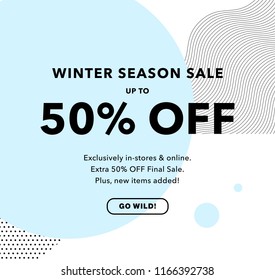 50% OFF Price Discount. Winter Season Sale. Promo banner design template. Trendy background. Flyer, poster, card, label, banner design. Vector illustration EPS10.