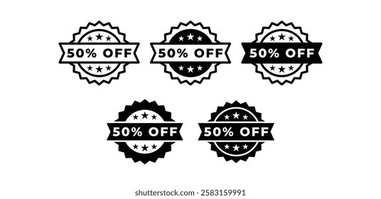 50% off price sale discount badge label sticker icon vector design black white color illustration sets 