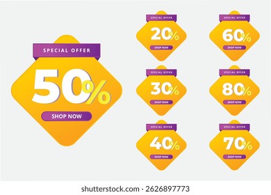 Up to 50% off. Price tag sticker with an offer message. Discount offer price sign. Special offer symbol. Save 10% to 80%. Sticker tag banners. Discount label badge. Vector design. 