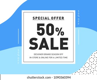 50% OFF Promo Coupon. Fashion Sale Banner. Special Offer Summer Discount. Sale Banner Template Design. Promo Flyer Design Template with Minimal and Abstract Geometric Background. Vector Illustration.