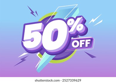 50% Off Promoção com negrito branco e roxo texto 3D, cercado por formas de relâmpago dinâmico, definido em um gradiente vibrante azul para roxo fundo. Perfeito para eventos de venda.