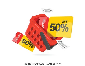 50% off promotion sign or tag label in yellow-red placed in red shopping basket and with receipt papers in air around for banner advertising design, vector 3d illustration isolated on white background
