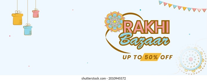 Bis zu 50 % Rabatt bei Rakhi Bazaar Kopfzeile oder Bannerdesign in weißer Farbe.