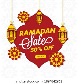 UP TO 50% Off For Ramadan Sale Poster Design With Hanging Lanterns And Islamic Pattern.