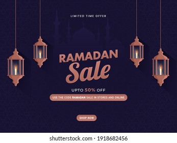 UP TO 50% Off For Ramadan Sale Poster Design With Hanging Illuminated Lanterns.