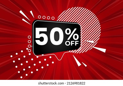 50% off. Red banner with 50 percent discount on a black balloon for mega big sales. 50% sale