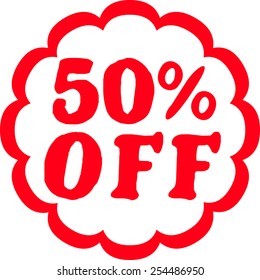 50% off red sticker on white background