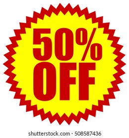 50% OFF red yellow promotion starburst badge with text