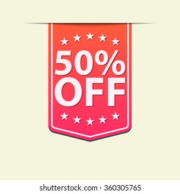 50% Off ribbon label. Red color. Vector illustration.