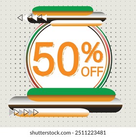 50% Rabatt Runde graue orange Etikett Aufkleber Verkauf Tag für Marketing und Werbung online offline kaufen und verkaufen Rabatt bieten super Verkauf Vorlage isoliert Design geometrische Formen Halbton Effekt 50% Rabatt Tag