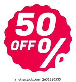 50% Off Round starbursts zigzag shape sales badge icon in red color, Shopping label concept for sales tags. Colorful flat design for app ads web button ui ux elements isolated on white background