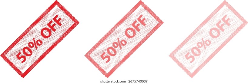 50% de descuento en Vector de sello de goma, etiqueta de descuento texturizada para la venta y promoción
