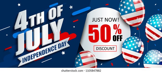 50% off sale banner with balloons for Independence day. Just now offer of half price discount. Template for your design, card, flyer, poster for 4th of July in USA. Vector illustration.