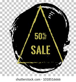 50% off sale banner. Vector 50 percent discount tag, black friday sale label. Isolated vector modern sticker illustration. Grunge pained background and triangle border.