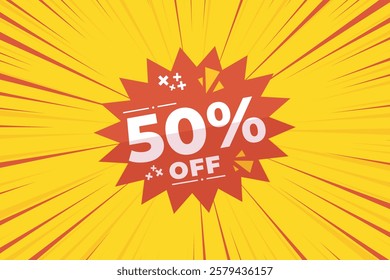 50% off sale banner vector with red and yellow sunburst background and white text. Perfect for flash sale, special offers, big sale, e-commerce, online promotions and discount advertising.