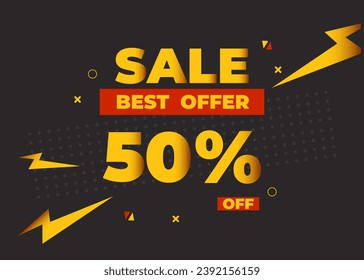 50% off sale best offer. Sale banner with fifty percent of discount, coupon or voucher vector illustration. Yellow and red template for campaign or promotion.