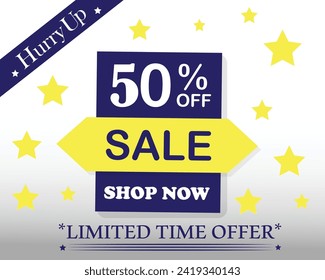 50% off sale with blue and yellow label banner, poster or flyer limited time offer.