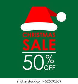 50% off sale. Christmas sale banner and discount design template with Santa Claus hat. Vector illustration.
