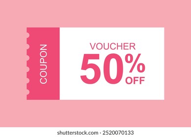 50% off Sale Coupon Voucher. 50 percent promotion. Tag label, discount coupon. Gift voucher in pink colour vector illustration.