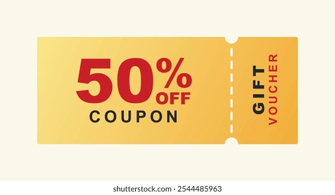 50% off Sale Coupon Voucher. 50 percent promotion. Tag label, discount coupon. Gift voucher in golden colour vector illustration.