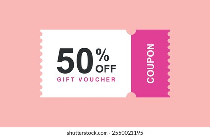 50% de desconto Voucher do cupom de venda. 50% de promoção. Etiqueta, cupom de desconto. Vale-presente na ilustração do vetor de cor rosa.