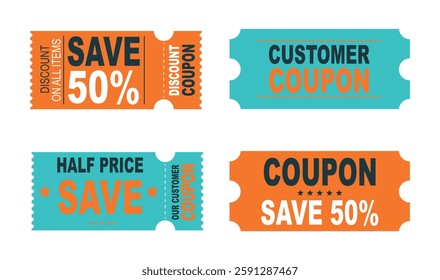 50% off Sale Coupon Voucher collection. 50 percent promotion. Tag label, discount coupon. Gift voucher vector illustration.