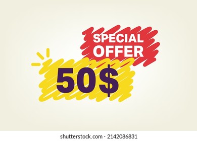 50$ OFF Sale Discount banner shape template. Super Sale 50 Dollar Special offer badge end of the season sale coupon bubble icon. Modern concept design. Discount offer price tag vector illustration.