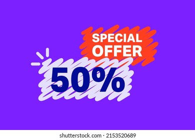 50% OFF Sale Discount banner shape template. Super Sale 50 percent Special offer badge end of the season sale coupon bubble icon. Modern concept design. Discount offer price tag vector illustration.