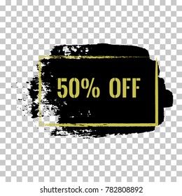 50% OFF Sale Discount Banner. Special offer black friday sale label. Vector modern 50 percent off sticker Illustration. Isolated paint brush stroke black background. Discount offer price tag gold text