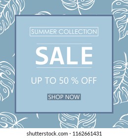 Up to 50 % off Sale. Discount offer price sign. Special offer symbol. Summer sale. Blue leaf pattern background