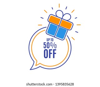 Up to 50% off Sale. Discount offer price sign. Special offer symbol. Save 50 percentages. Loyalty sale tag. Speech bubble banner. Gift box badge. Vector