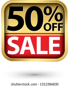 50% off sale golden label with red ribbon,vector illustration