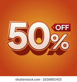 50% Off Sale Label on Vibrant Orange Background with 3D Typography for Discount Promotion